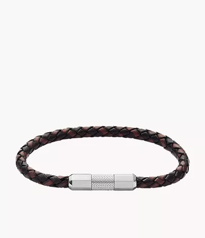 Machine Knurled Texture Leather and Stainless Steel Station Bracelet